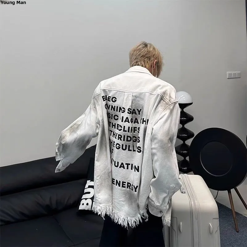 Retro American Destroy Fringe Denim Shirt Men High Street Couple Jacket Coat Special Wide Autumn Cotton Collar Nine Points