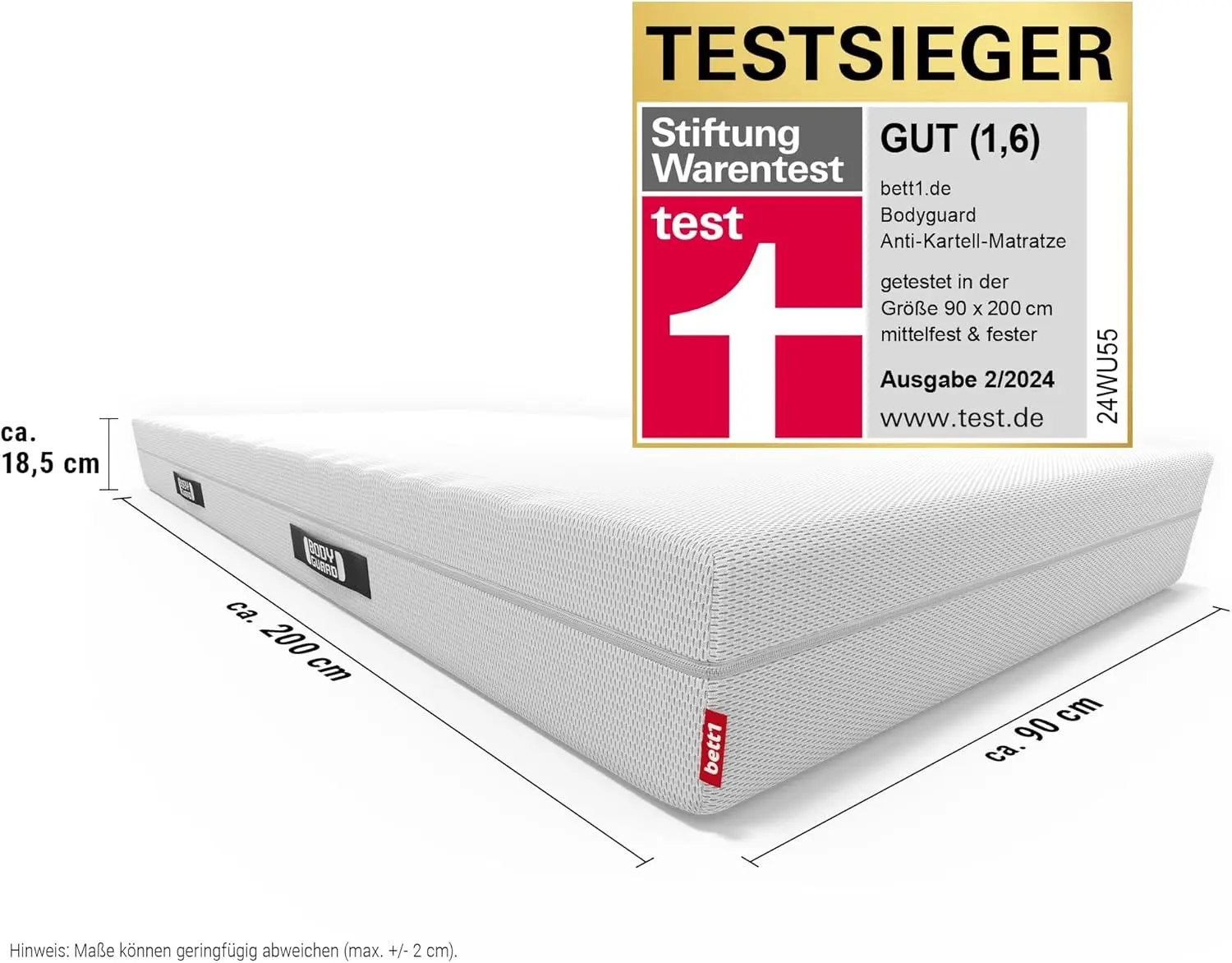 odyguard bett1 Anti-Kartell-Matratze |   Testsieger Stiftung Warentest: Note 1,6 (Test 2/2024, Mittelfuß & Fester, 90x200 cm, 2i