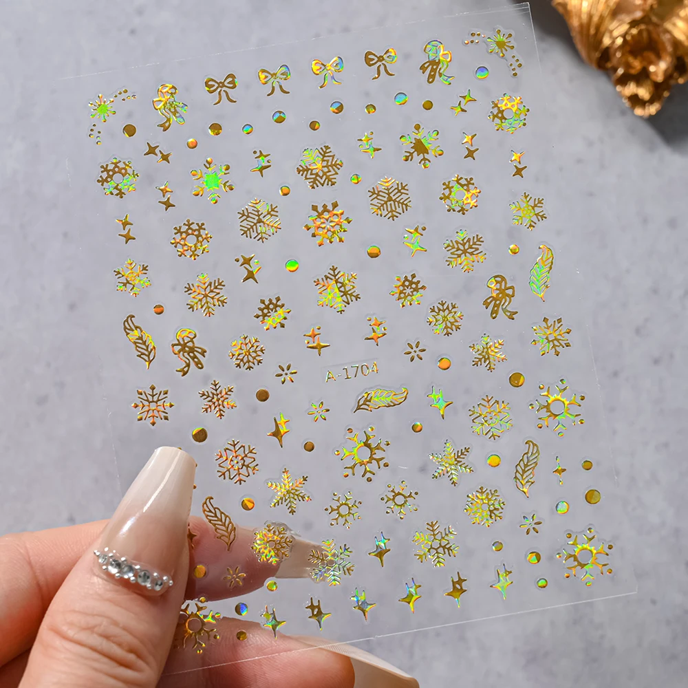 1 PC Christmas Snowflakes Nail Art Stickers Laser Gold 3D Snowflakes DIY Back Adhesive Sliders Xmas Manicure Decoration Decals