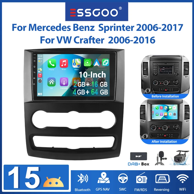 ESSGOO 10' Android15 2+16G/4+64G Für Mercedes Benz Sprinter VW Crafter Autoradio mit kabellosem CarPlay, Android Auto, GPS-Navigation, RDS, FM, WIFI, Bluetooth, Mirror Link, Lenkradsteuerung,