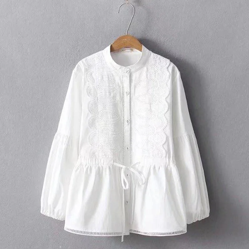 

Spring Autumn Sweet Floral Embroidery Cotton Shirt Women Solid Color Lace Stand Collar Long Sleeve Casual Looose Blouse Tops