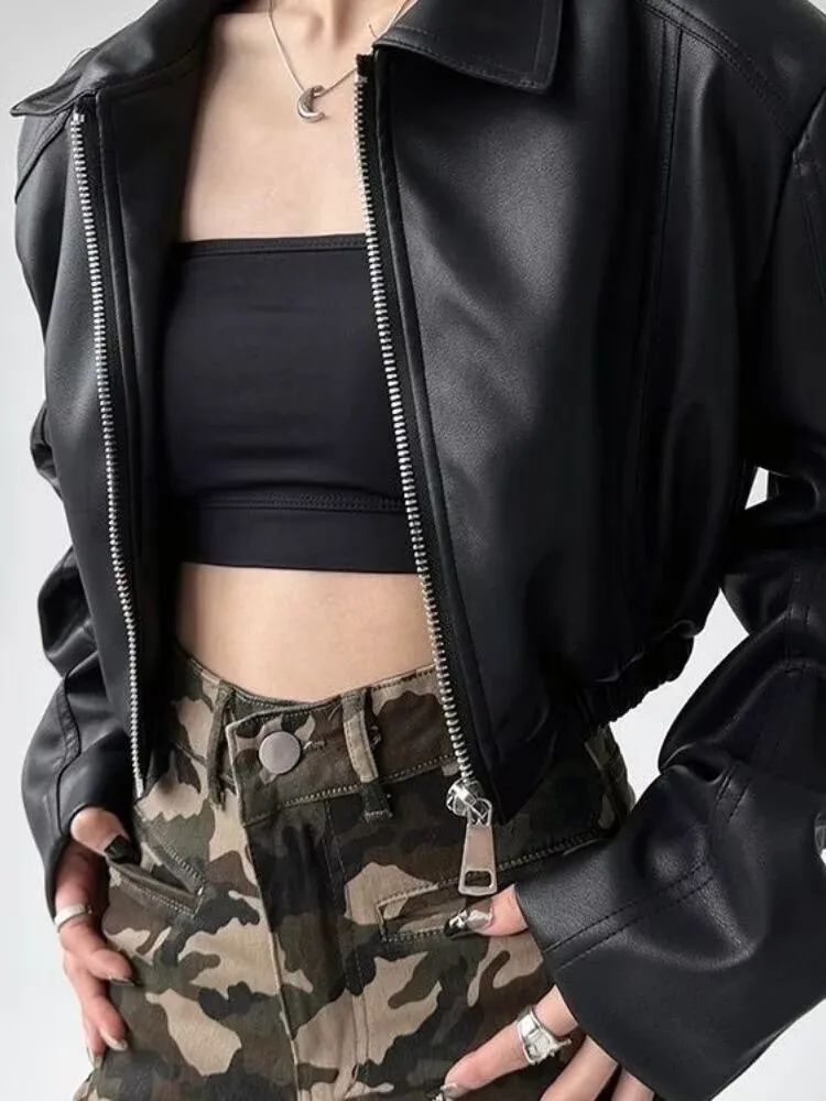 New Women's Biker Style Short Jacket 2026 Spring Autumn Elegant  Ladies PU Leather Coat  Lapel Zipper Female Faux Leather Jacket