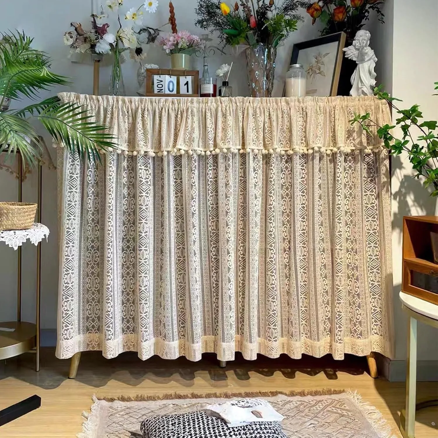 Hollow-Out Under Sink Cabinet Curtain for Kitchen, No Drill Self-Adhesive Track, Semi-Blackout Blend Fabric Partition