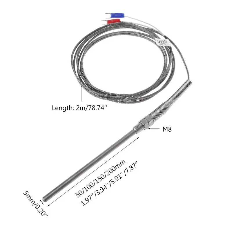 652F 50mm/100mm/200mm K type Thermocouple 2m Cable Thread Temperature Probe