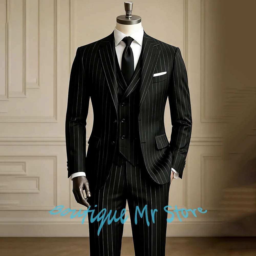 Black Pinstripe 3 Pieces Tuxedo Set Formal Men’s Suits and Separates Single Breasted Business Wedding Office Jacket+Vest+Pants