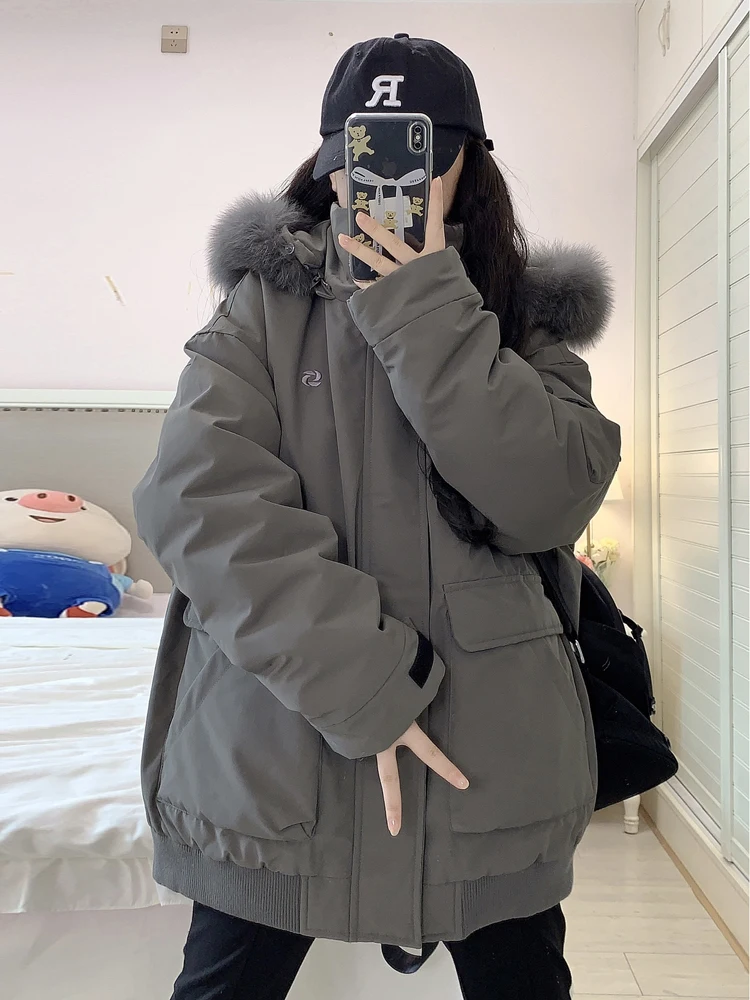 

Women's Parka Coat Winter Thiened down Jaet Fur Collar Commuter Sle Korean Version Straight Cut Long Sve Zipper