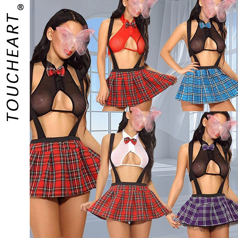 Toucheart Sexy Uniform Temptation Jumpsuit For Women Cosplay Mesh Plaid Perspective JK Sex Suit Mesh Patchwork Uniform Set New