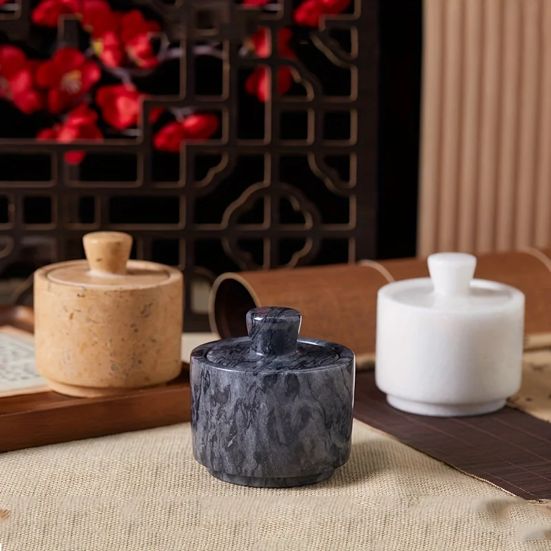 Cross Border Natural Marble Salt Spice Jar Round with Lid Kitchen Seasoning Container for Cumin Pepper