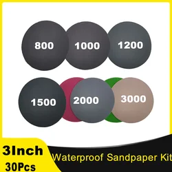 3 Inch Waterproof Sandpaper Kit 30 Pcs Hook and Loop Silicon Carbide 800 To 3000 Grits for Wet Dry Sanding Grinding Automotive