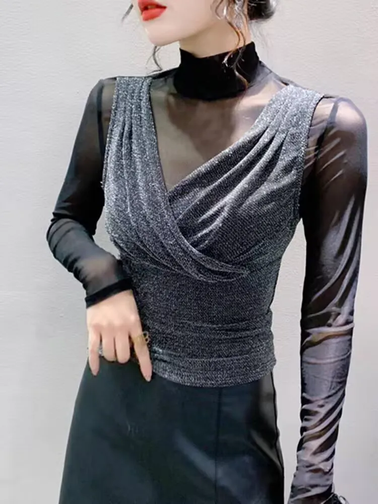 

2025 Fake Two Pieces Sheer Trend Shirring Casual Spring Summer Woman T-shirt Turtleneck Slim M-3XL Sweet Long Sleeve Tops