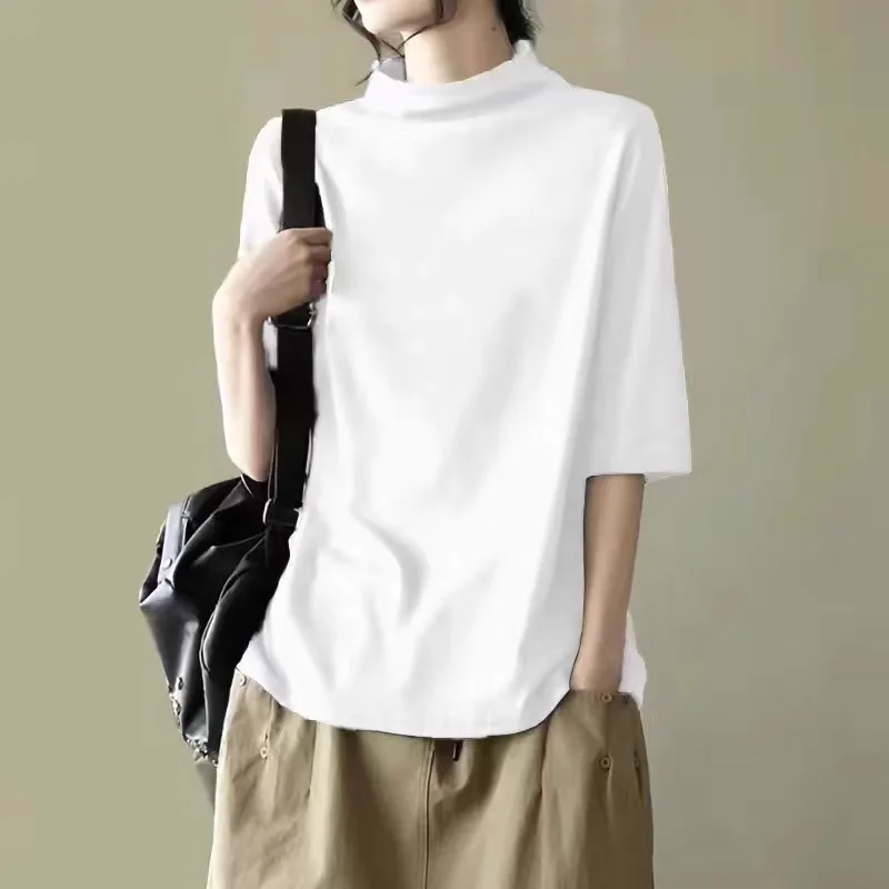 Pure Cotton Half High Collar Short Sleeve T-Shirt Women Summer Large Size Top Breathable Comfortable Casual Fashion T-Shirt