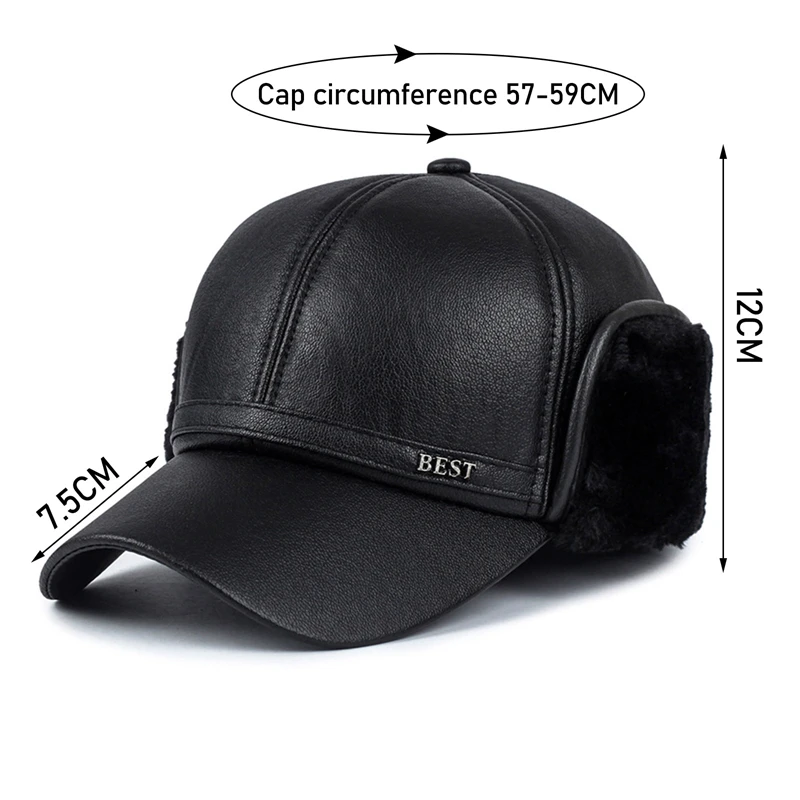 Winter Leather Bomber Hats Men Plush Snapback Hat Father Fishing Casquette with Earflaps Thicken Fur Warm Visors Caps Black