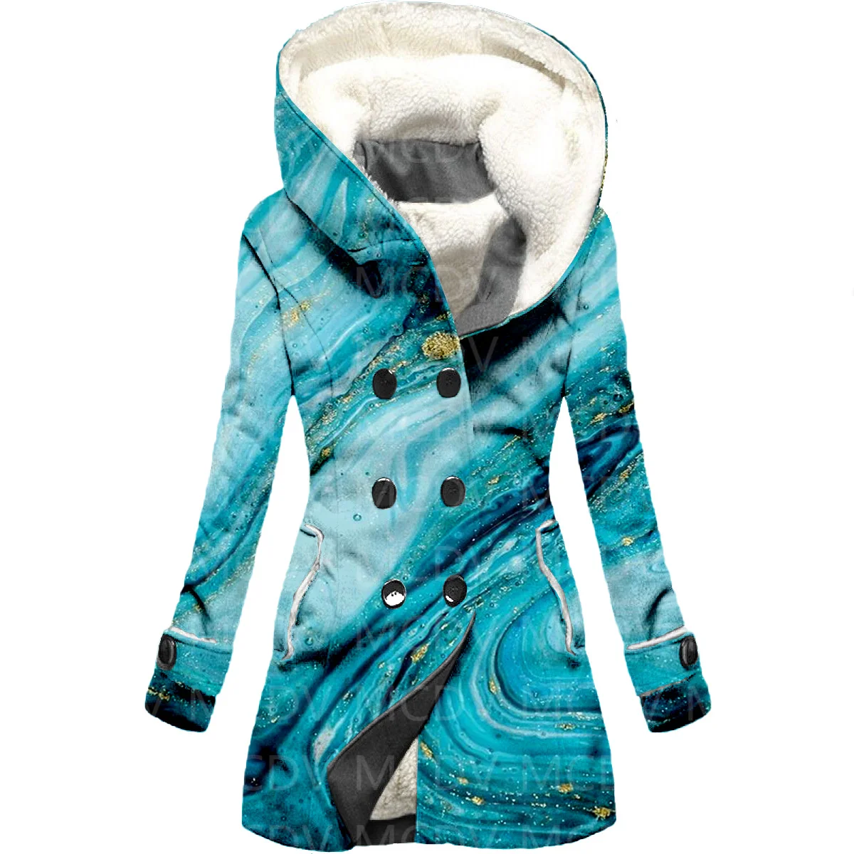 

Blue Quicksand 3D Printed Fleece Hooded Cloak Women Thick Warm Coat Women's Winter Warm Overcoat