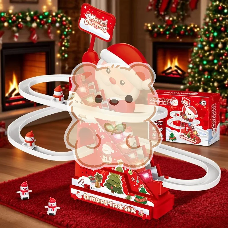 Electric Santa Climbing Stairs Toy Set with LED Lights Slide Rail Snowman for Indoor Christmas Party Decoration