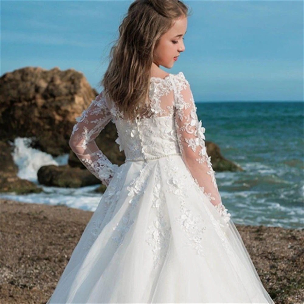 First Communion Dresses Long-sleeved Tulle Lace Decal Princess Flower Girl Dress Wedding Party Ball Dream Kids Surprise Present