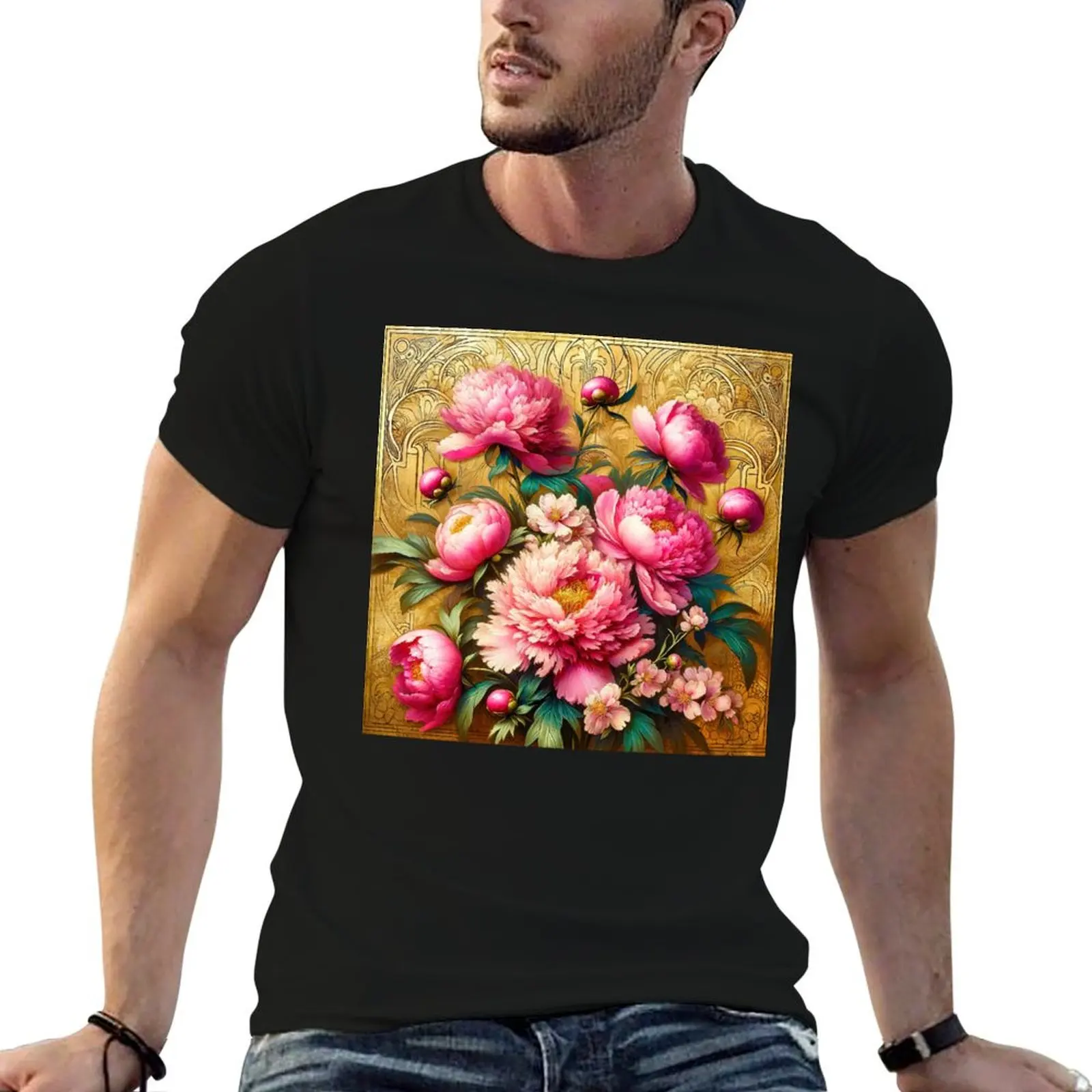 Alphonse Mucha Pink Peonies T-Shirt Holiday Casual Short Sleeve Top