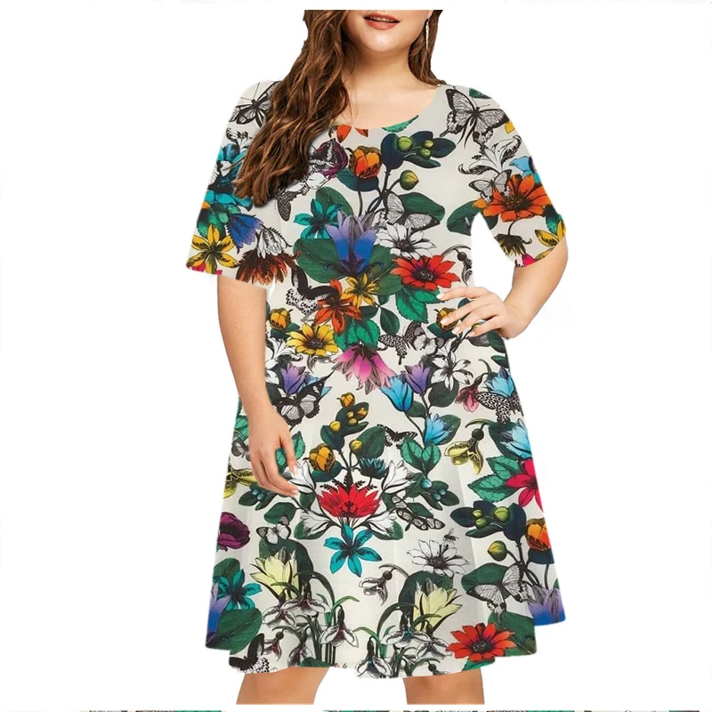 6XL abiti di grandi dimensioni estate pianta fiori stampa donna Plus Size abito manica corta Casual o-collo Mini prendisole abiti da donna