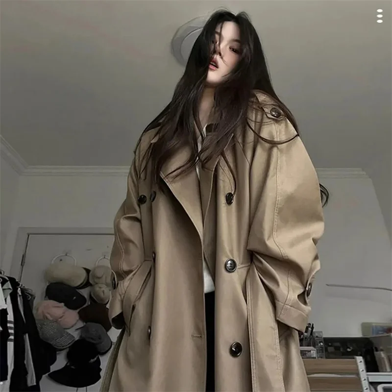 Trench lungo grigio kaki oversize primavera autunno per donna Cappotto doppio petto sciolto casual alla moda coreana