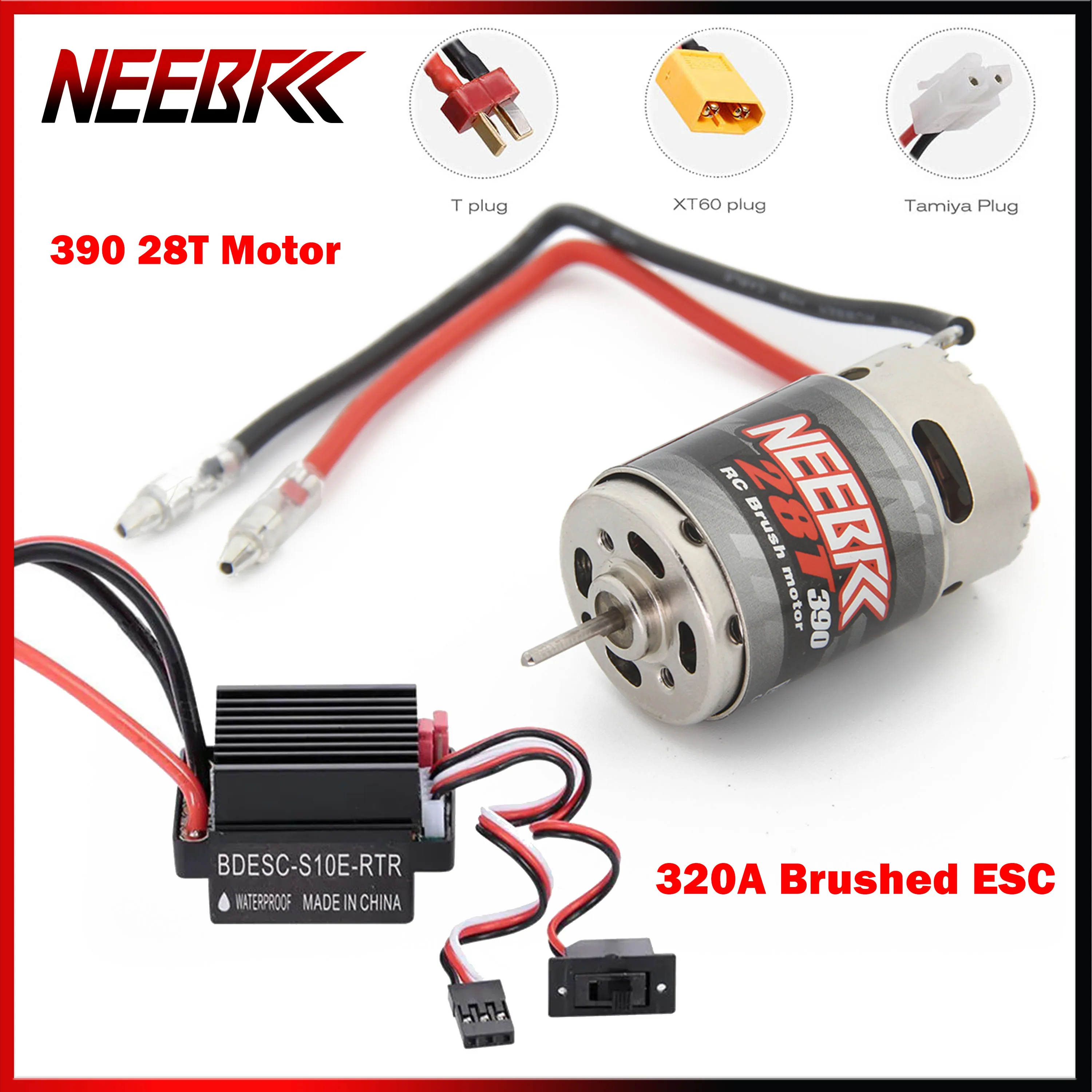 

NEEBRC 390 28T Brushed Motor 320A ESC 5V/2A BEC 60A Speed Controller 2-3S Forward+Brake+Retreat for 1/10 RC Crawler Car Model