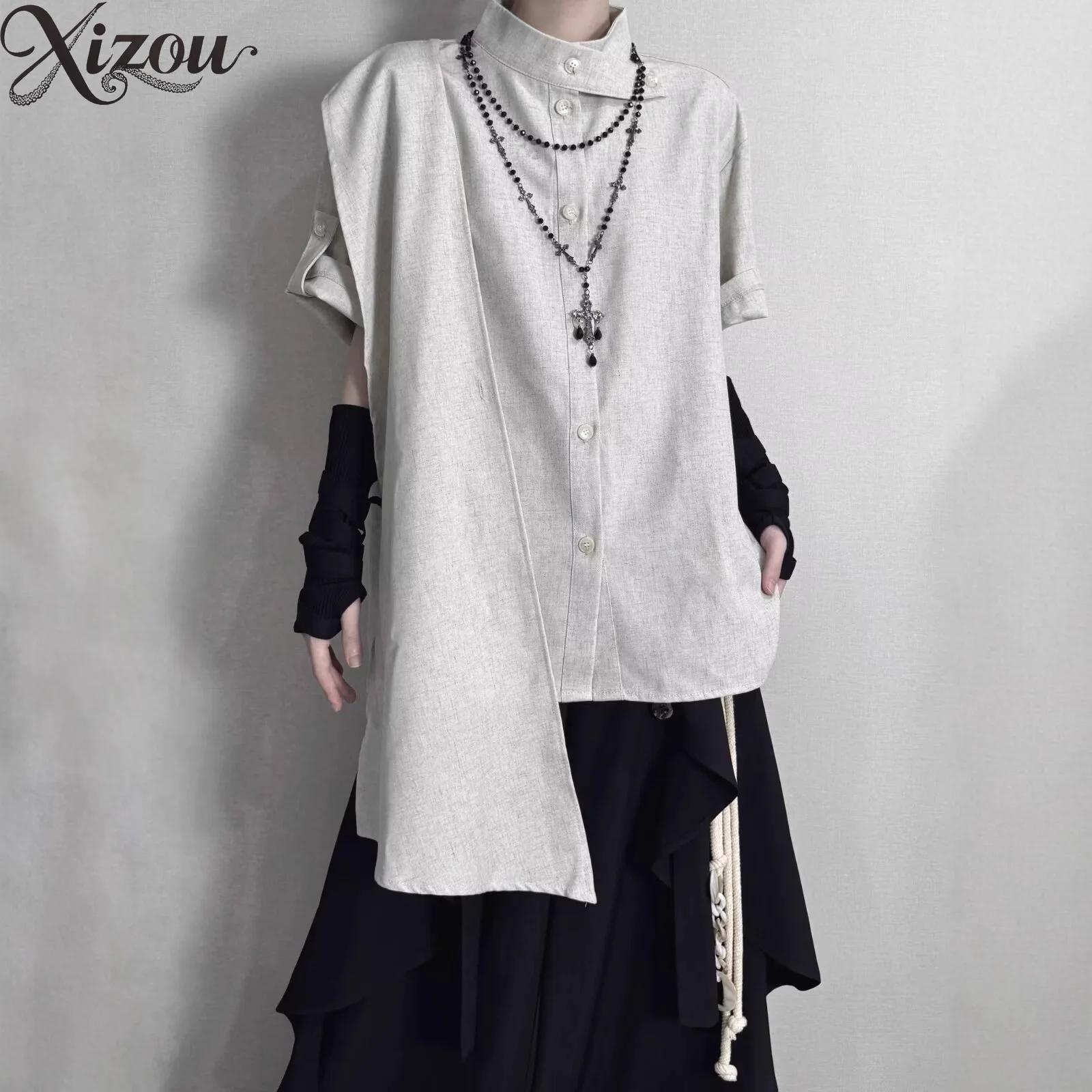 

New Chinese Style Man Ribbon Stand Collar Shirt Inspired Neutral Patchwork Gothic Y2K Streetwear Unisex Long Sleeve Top Daily