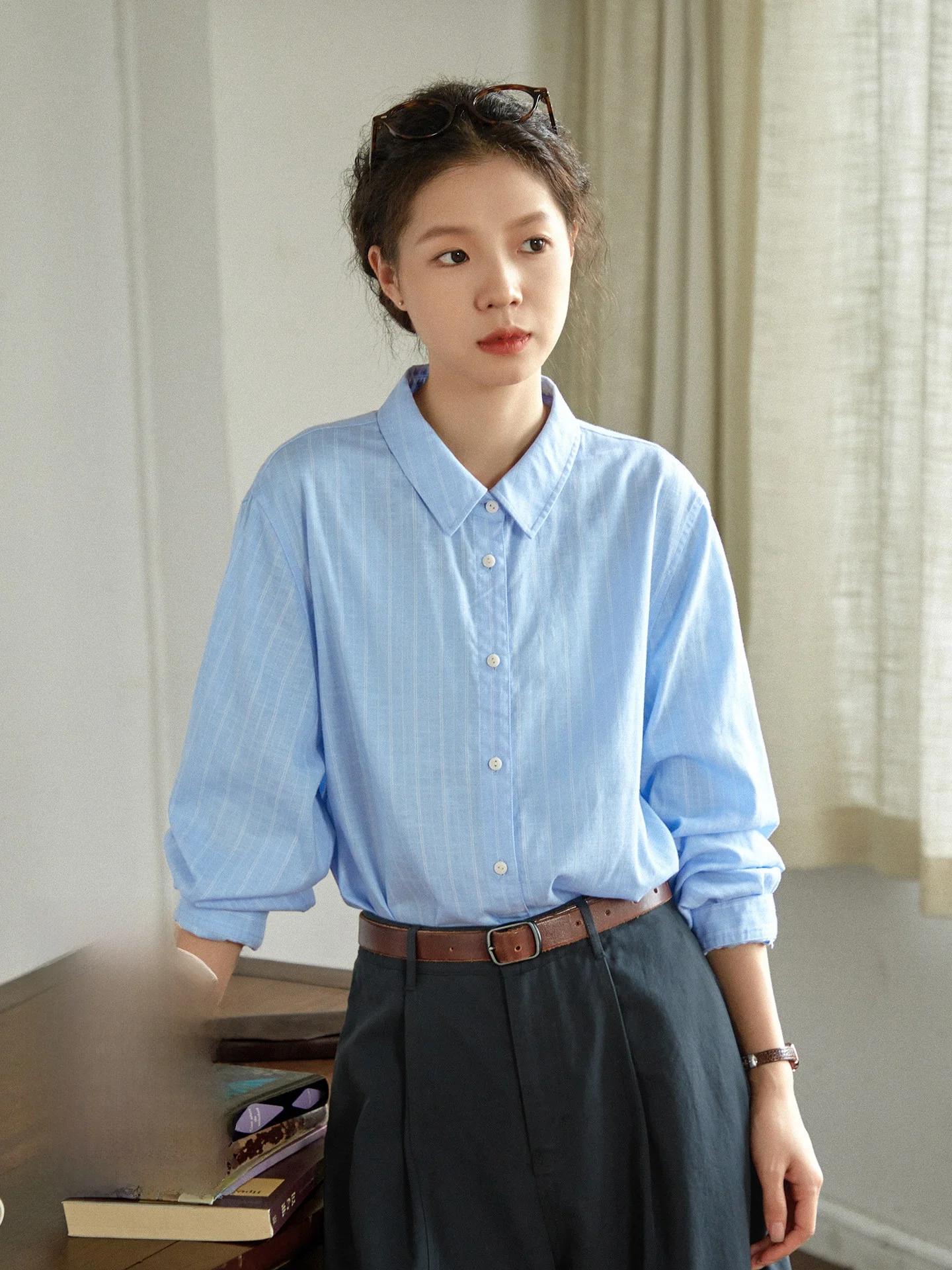 

Original Light Blue Silk irt Women's Spring Casual Loose Striped Long Sve Top Versatile Comfortable Artistic Sle Butto...