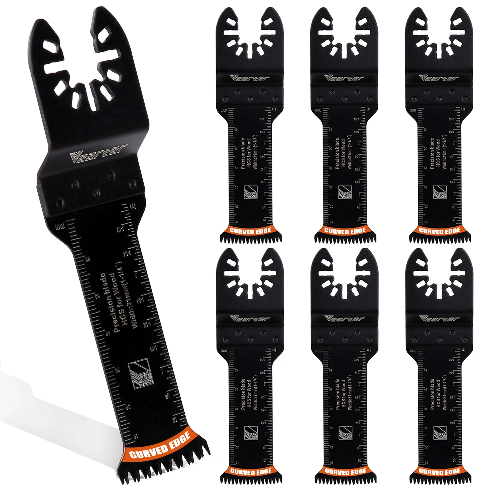 Vearter 7 pièces 31mm lames de scie oscillantes japonaises Extra-longues HCS bord incurvé oscillant Multitool lames Kits adaptés au bois plastique