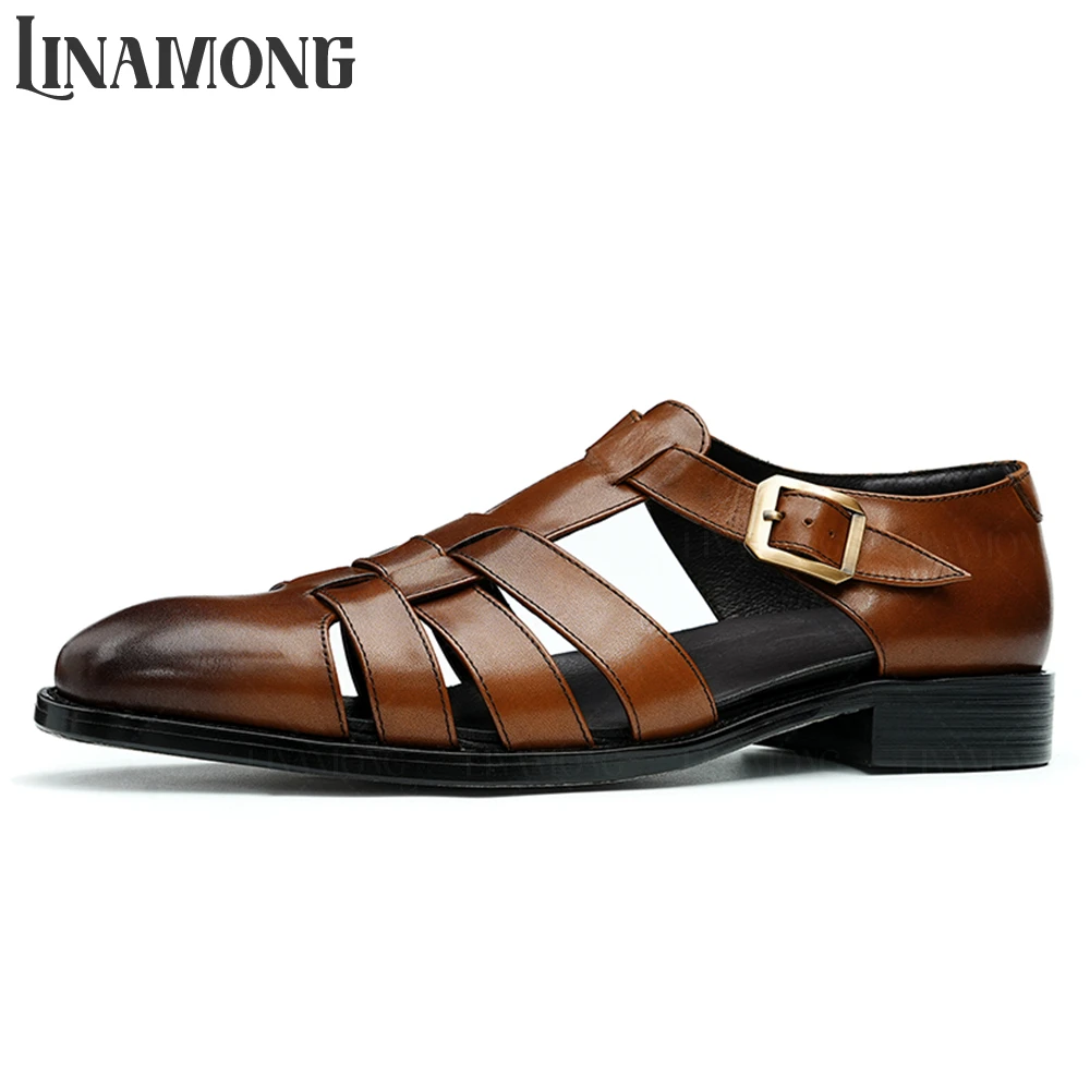 

Polished Leather Buckle Sandals Luxurious Style Handmade Leather Summer Shoes Elegant Designer Hollow Closed Toe Sandals for Men