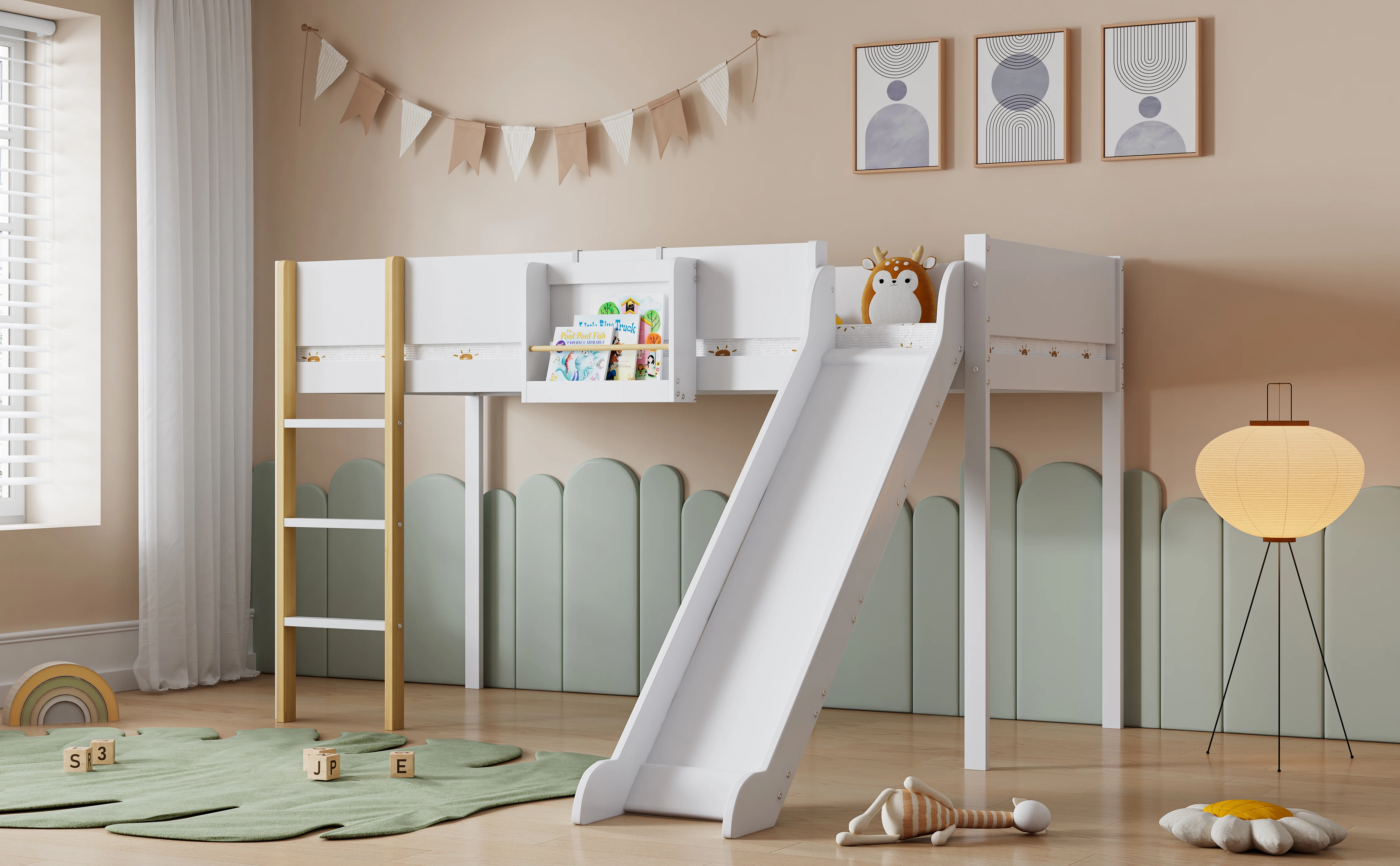 PINGGO Hochbett für Kinder mit Rutsche, 3-stufige Leiter, abnehmbares Regal, Kiefer MDF, Weiß Natur, 90x200cm, ohne Matratze – Detail 1