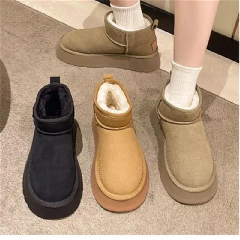 

Women's short plush snow boots, warm casual shoes, suede Chelsea boots, flat shoes with platform, winter