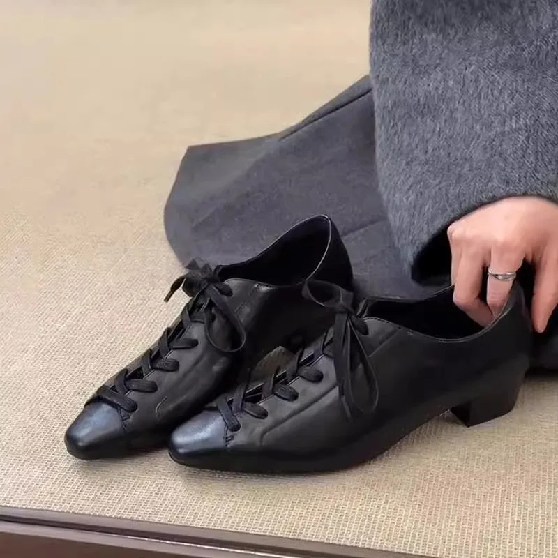

Черные туфли-лодочки на низком каблуке со шнуровкой и квадратным носком, женская брендовая дизайнерская обувь в британском стиле, удобная повседневная обувь для женщин, Zapatos Mujer