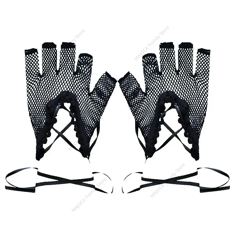 Rękawiczki Czarne Sznurowane Bez Palców Lolita Siateczkowe Steampunk Gotyckie Rękawiczki Cool Girl na Przyjęcie Herbatkowe Akcesoria