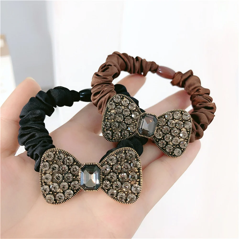 Fashion Luxury Rhinestone Bowknot Hair Rope Solid Color Vintage Bow Hairband for Women Girls Ponytail Bun Scrunchies Accessories