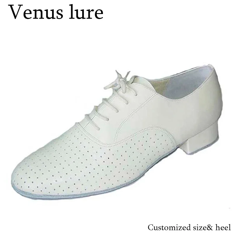 Venus Lure-zapatos de baile de salón personalizados para hombre, calzado de cuero blanco con tacón perforado, tamaño de 1 pulgada