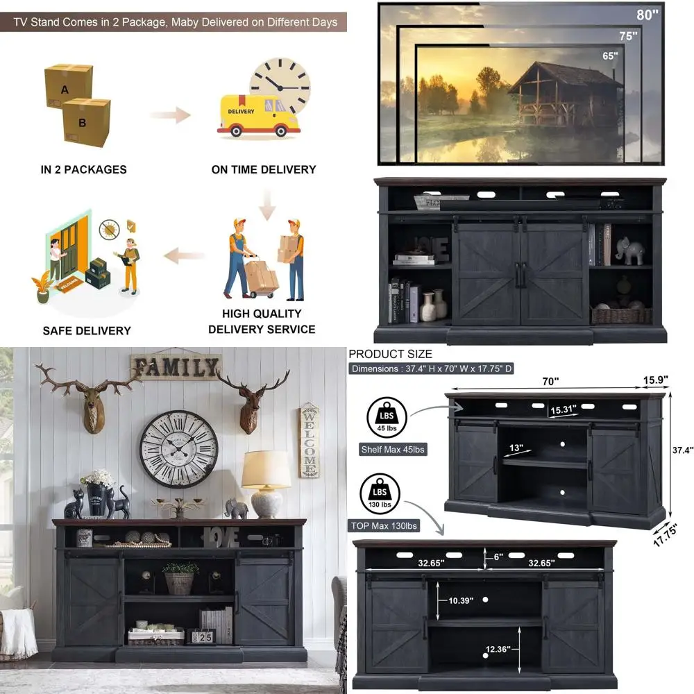 80 TV Stand with Sliding Barn Door, Storage, Soundbar & Adjustable Shelves for Living Room