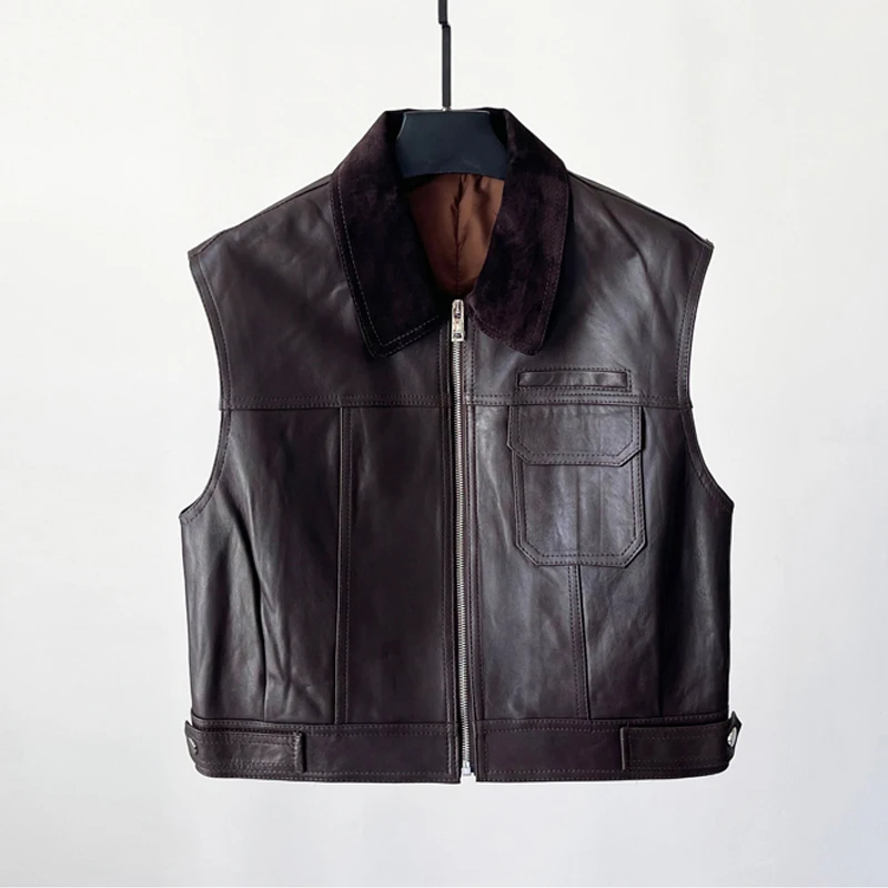 Vintage Coffee Real Leather Vest Jackets Women Fashion Sheep Suede Stitching Collar Female Sleeveless Sheepskin Waistcoat Coats