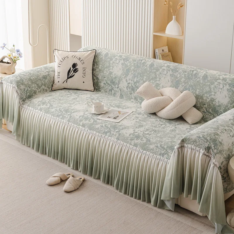 EIFLOY-Korean Chenille Sofa Towel Cover, 3 Seater Couch Cover, Universal Slipcover, with Ruffles, Non Slip Furniture Protector