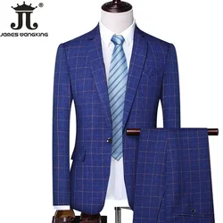 ( Blazer + Pants ) Classic Plaid Men's Casual Business Suit 2 Piece Set High-end Brand Groom Wedding Tuxedo Jacket and Trousers