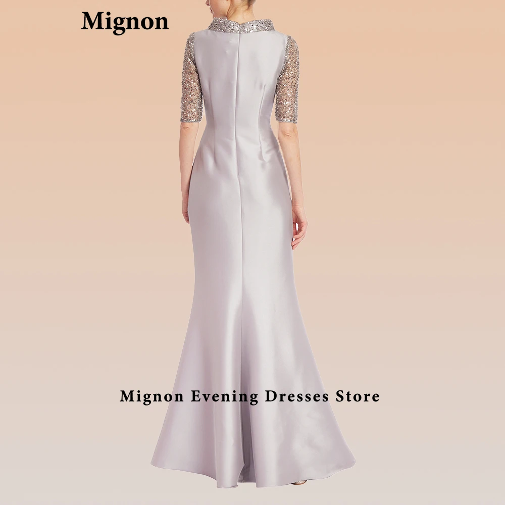 Mignon Satin High neck Beading Pleat Half Sleeve Evening Dress Prom Gown Dress Elegant Evening Party Dress for Women 2024