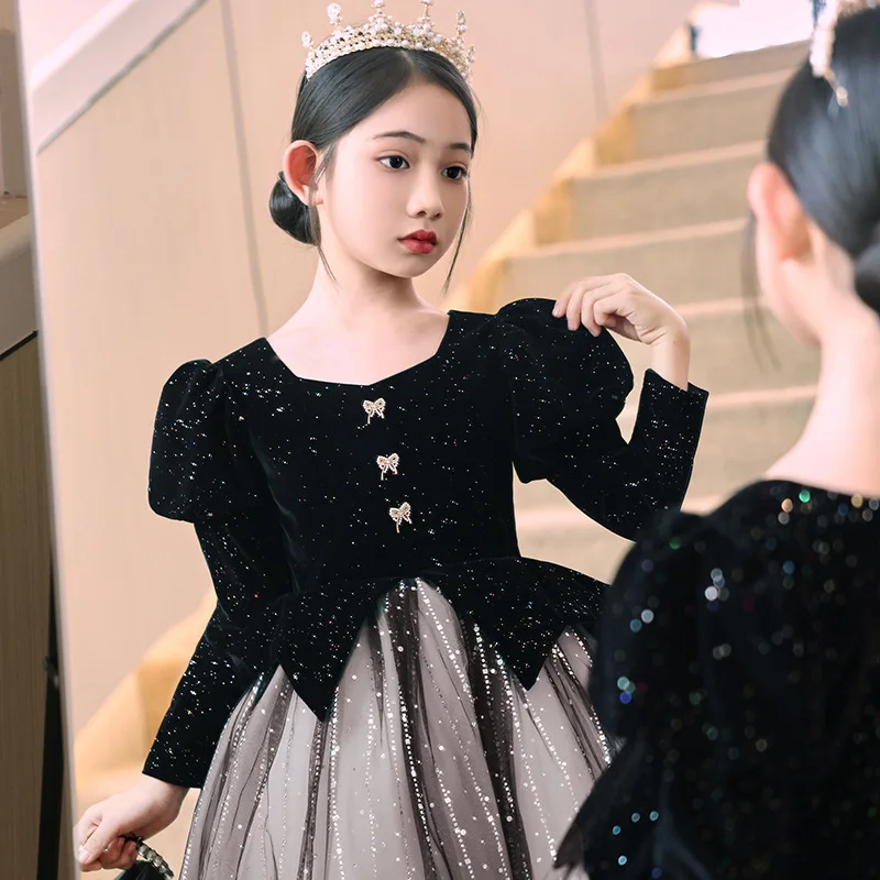 Girls' Velvet Evening Dress Host Dress Princess Dress Autumn Violin Performance Dress Piano Performance Dress