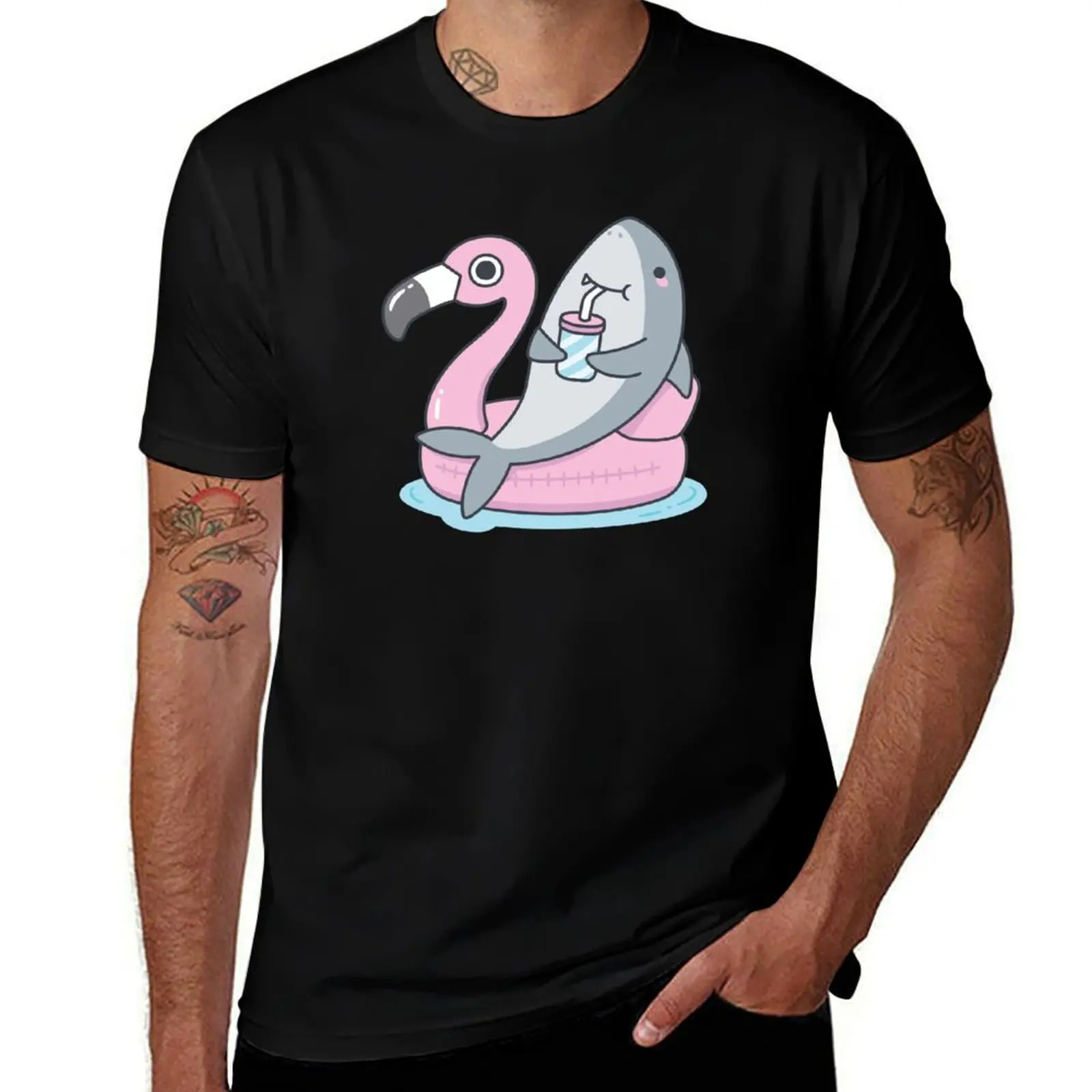Cute Shark Chillin On Flamingo Pool Float T-Shirt Urban Casual Loose Fit Tee T-Shirt