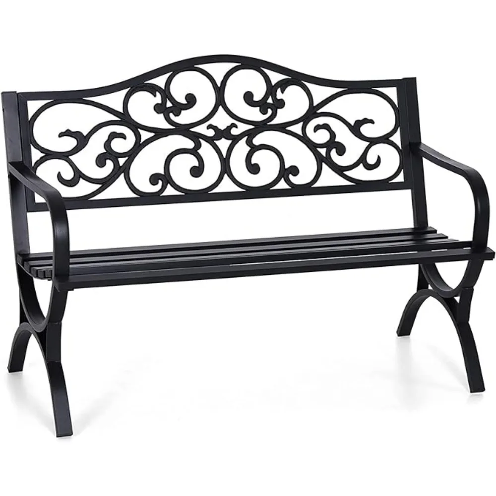 

Outdoor Garden Bench, 48” Long Metal Steel Bench with Backrest and Armrests, Modern Slatted Design for Patio, Lawn, Yard, Porch