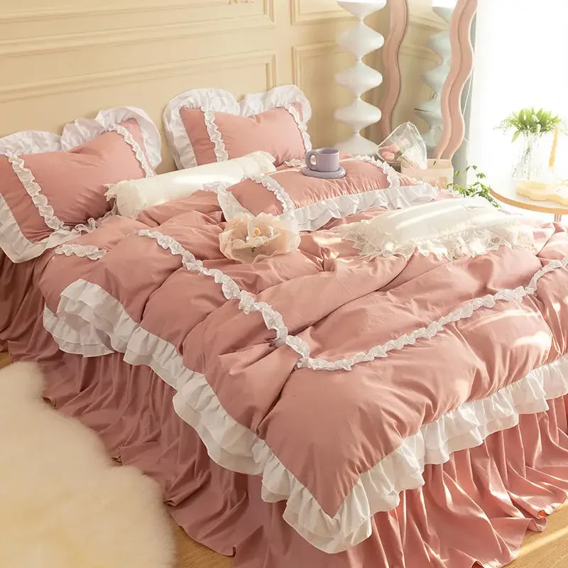 INS Korean Princess Style Bedding Kawaii Ruffle Lace Bed Skirt Duvet Cover Solid Color Queen Size For Girls Woman Home Textiles