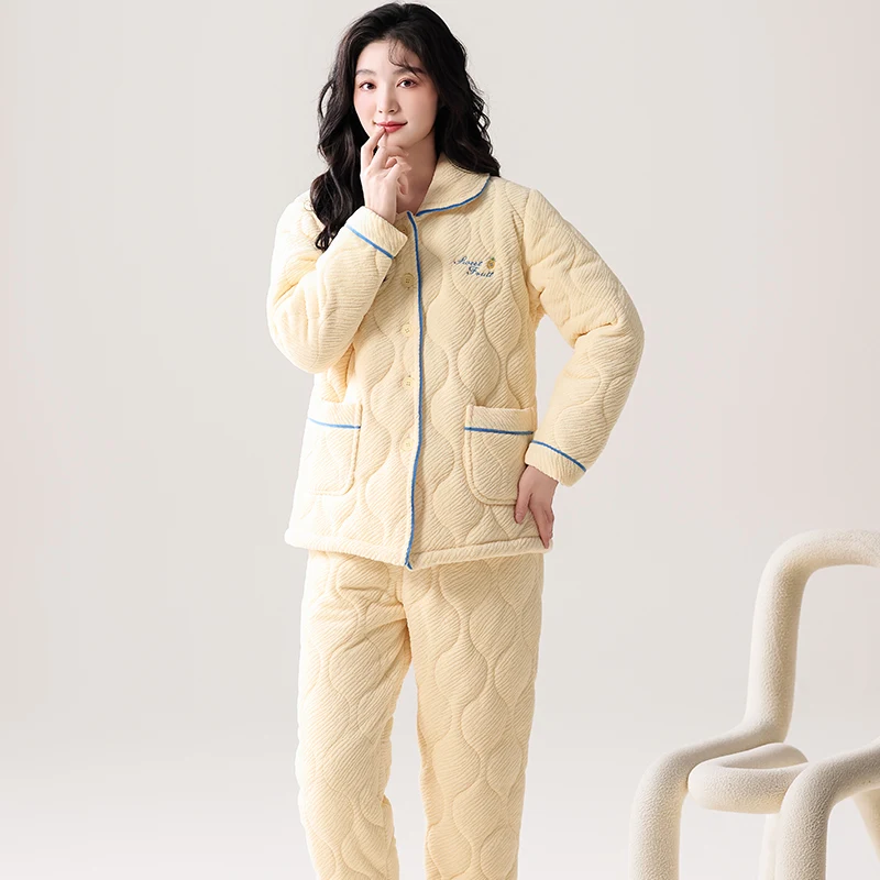 High Quality Winter Thick Warm Women Pajamas Set Female Three Layer Clip Cotton Sleepwear