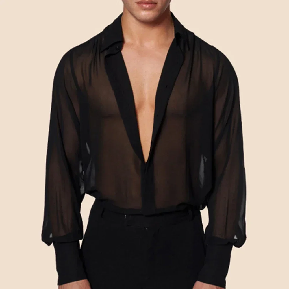 

Men Sexy Mesh Transparent Shirt Top Long Sleeve Turn-down Collar See-through Shirt Men's Sexy Nightclub Wear Pole Dance Costumes