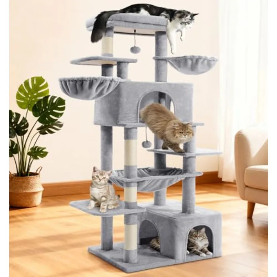 

Большой многоуровневый кошачий комплекс-когтеточка 68 дюймов для домашних кошек с сизалевыми столбиками для царапания, широкой квадратной лежанкой и игровой площадкой