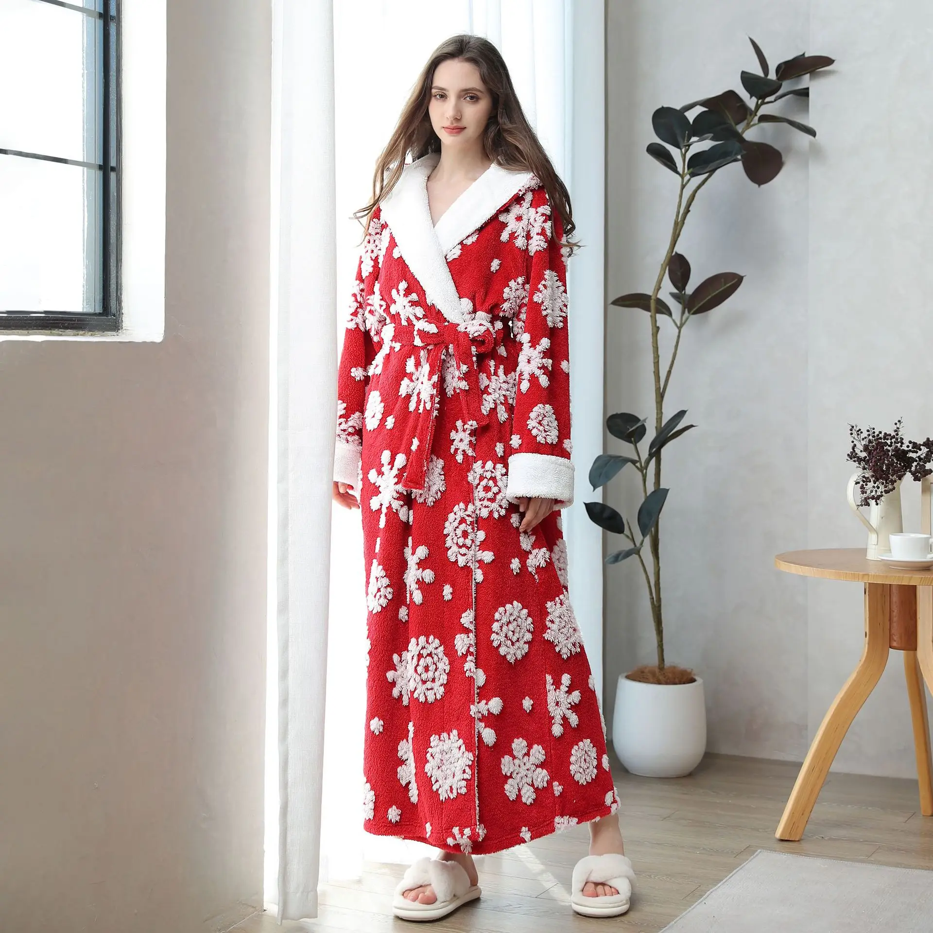 

Winter Jacquard Pajamas For Women Hooded Long Robe Cute Home Wear Sleepwear Flannel Warm Comfy Bathrobe