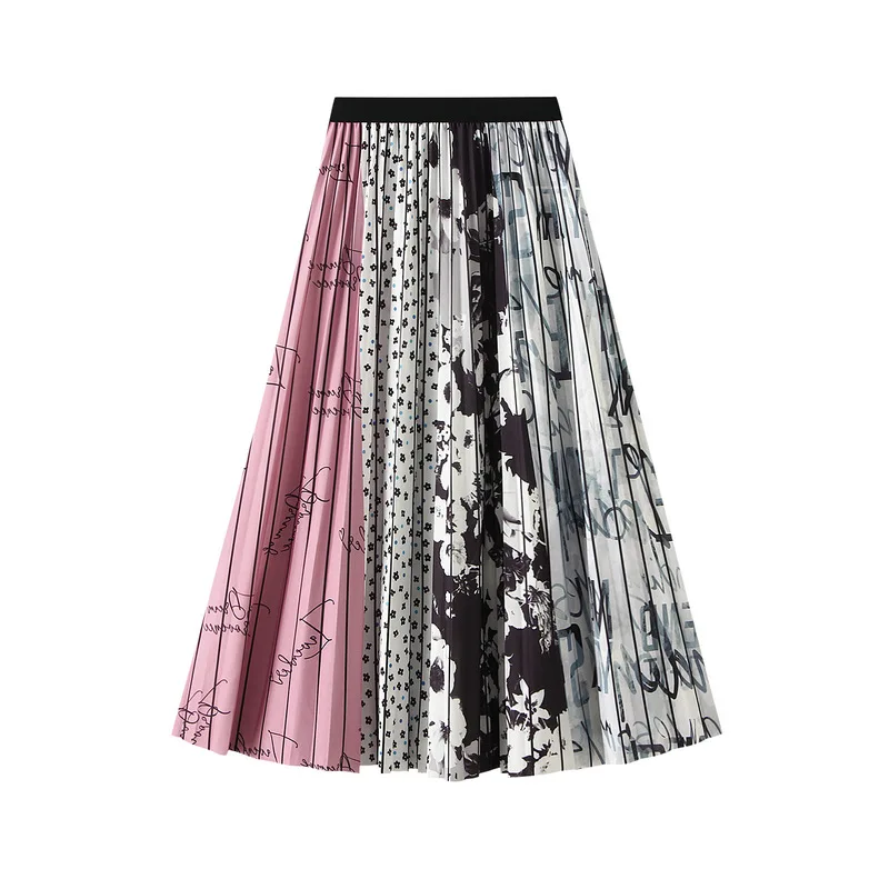 

Women's Graffiti and Pink Party Dress, Pleated A-line Dress, Half Body, Medium Long, Retro Chinese Style, High Grade