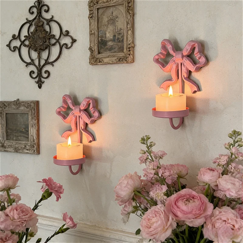 (2 Pack) Pink Bow  Cute Metal  Wall Mounted Candle Holder for Girls Bedroom, Romantic Home Decor, Gift for Her (Candle Holders)