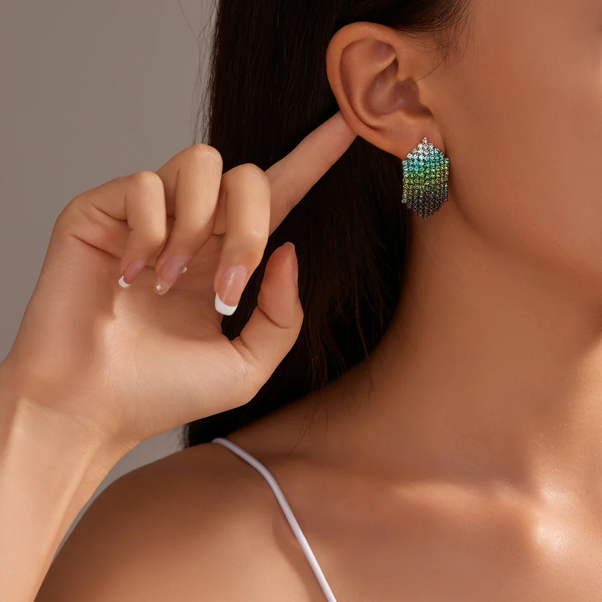 Women's Short Hexagon Earrings Fashion Rhinestone Sparkling Earrings Jewelry Shine Blue Green Gradient Earrings image 4