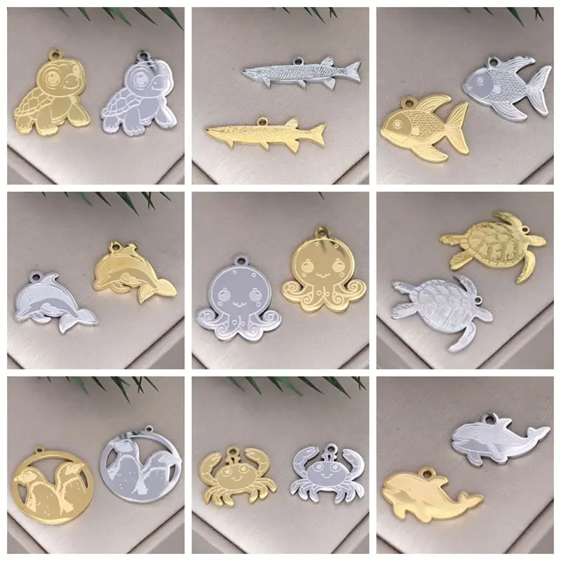 2Pcs Stainless Steel Ocean Animal Turtle Octopus Dolphin Whale Crab Charms DIY Cartoon Keychain Kids Gift Jewelry Making Pendant